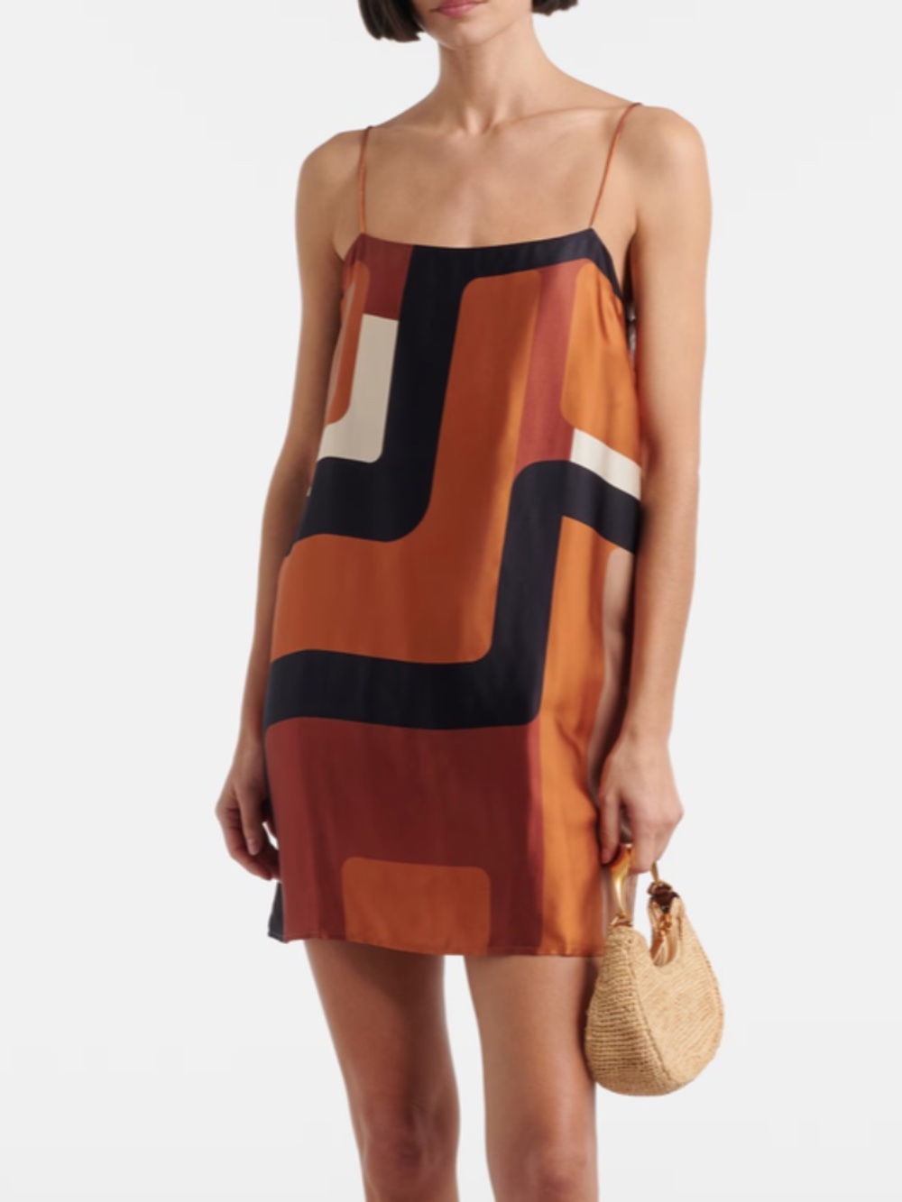 FAITHFULL Phylis printed satin mini dress. Size 8. Color Rust/black/Cream